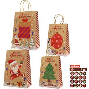 POCHETTE CADEAU 12pcs Sacs Cadeaux de Noël en Kraft 4 Modèles - Sacs en Papier de Noël avec Poignées pour Emballer des Cadeaux