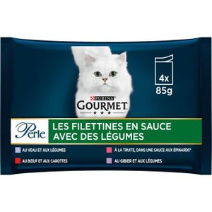 BOITES - PATÉES LOT DE 3 - PURINA GOURMET - Perle Filettines en Sauce avec légumes Pâtée pour chat Adulte - paquet de 4 sachets de 85 g