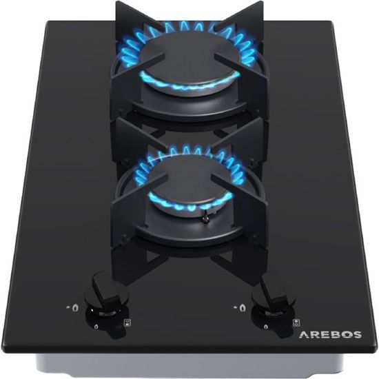 AREBOS  Plaque de cuisson Cuisinière à gaz de 2 flammes|Vitrocéramique Grilles et veilleusede sécurité incluses|Convient pour le