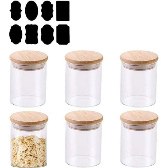 Kanwone Lot De 6 Bocaux De Conservation Hermétiques En Verre Avec Couvercles En Bambou Pour Garde-manger, Cuisine, Farine, Sucre, Thé, Café, Collation, épices Et Herbes 500 Ml