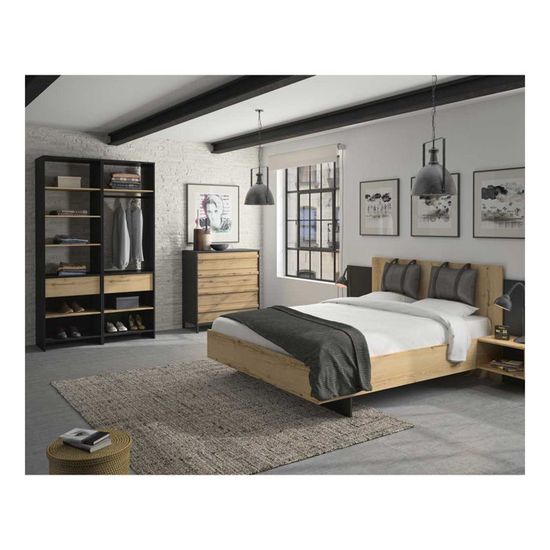 GAMMA - Chambre Lit 140x190 avec 2 Chevets et Armoire Aspect Bois