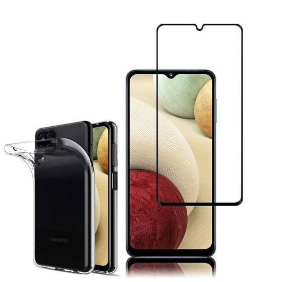 Pour Samsung Galaxy M12 6.5": Coque silicone gel UltraSlim - TRANSPARENT + 1 Film verre trempé de couleur - NOIR
