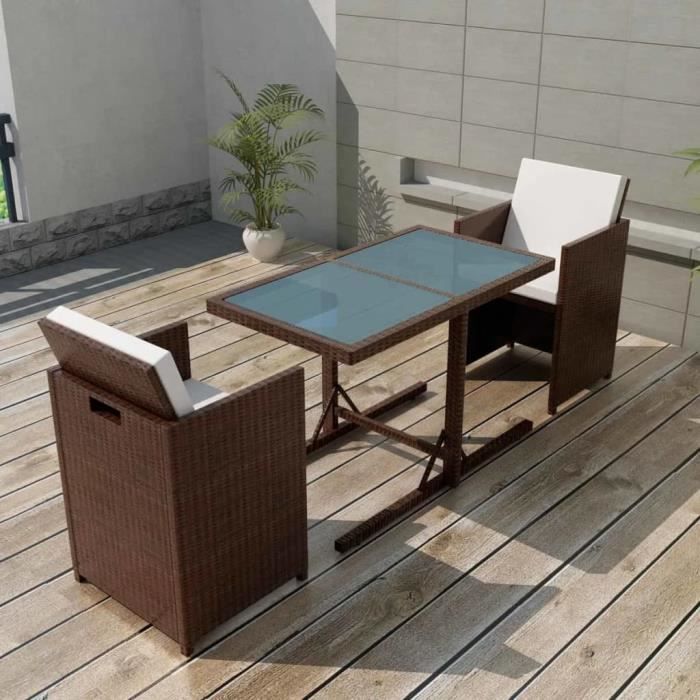 YUY Salon de jardin encastrable 3 pcs et coussins Rotin Marron