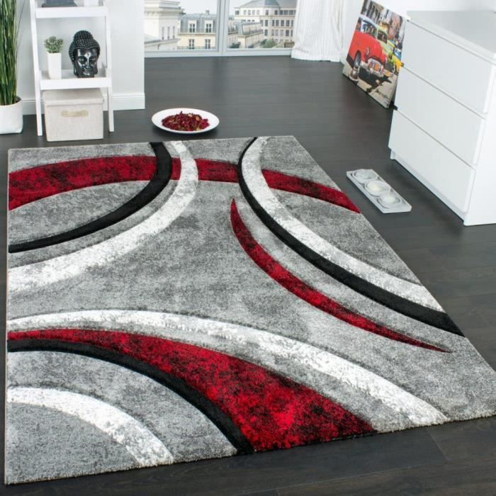 Tapis Design à Contours Motif Ligné Moucheté Gris Noir Rouge Crème, Dimension:60x110 cm