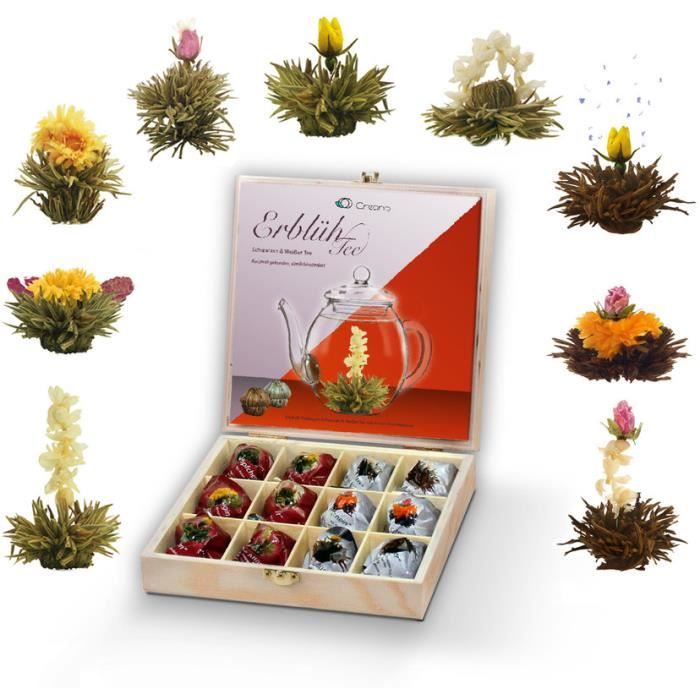 Coffret de fleurs de thé Creano dans une boîte à thé en bois 12 s en 9 variétés Thé blanc et Thé noir