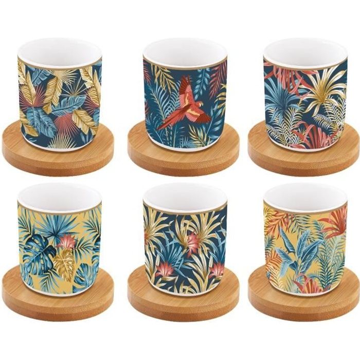 COFFRET 6 TASSES A CAFE EN PORCELAINE SOUS TASSES EN BAMBOU EQUATEUR - EASYLIFE