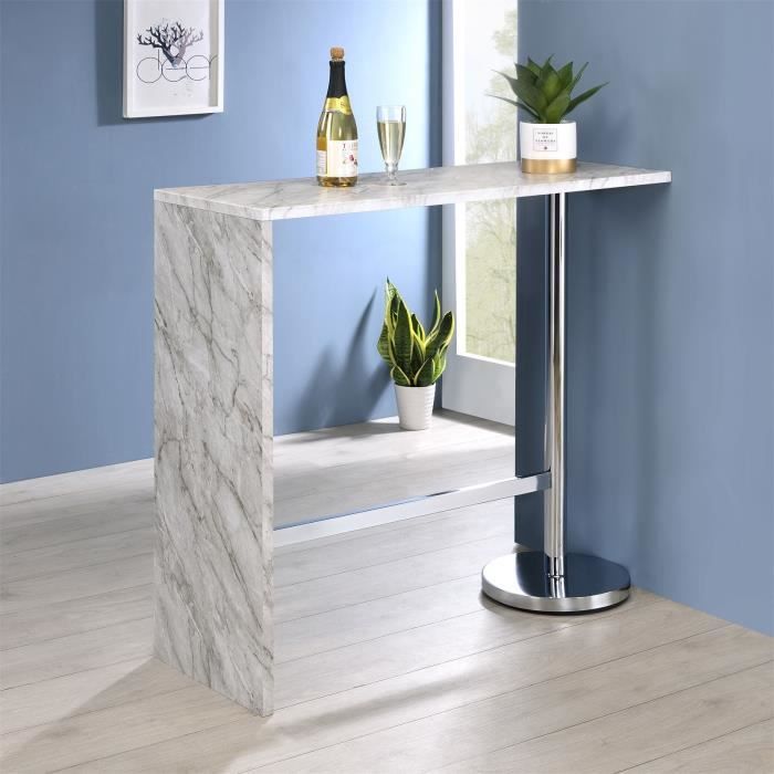 Table haute de bar RICARDO mange-debout comptoir piètement métal chromé, plateau en MDF décor marbre gris