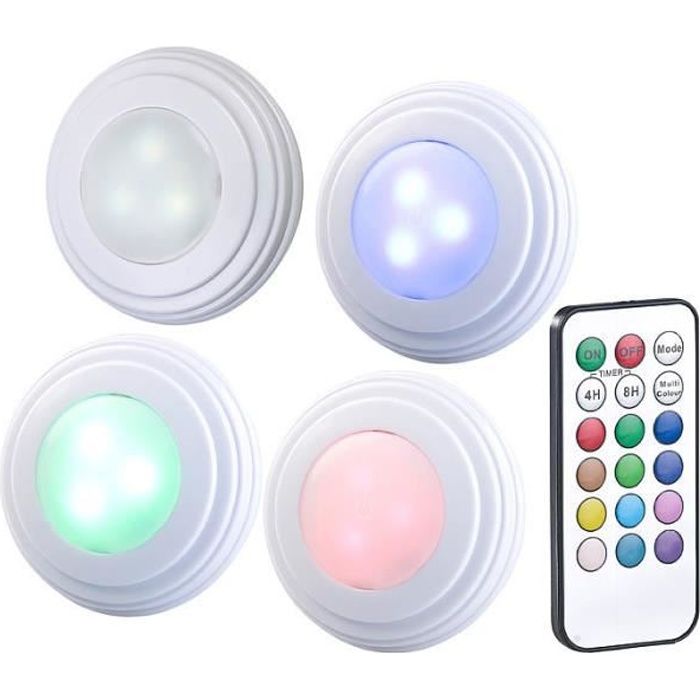 4 spots à LED COB RVB/blanc pour meubles de cuisine avec télécommande et minuterie