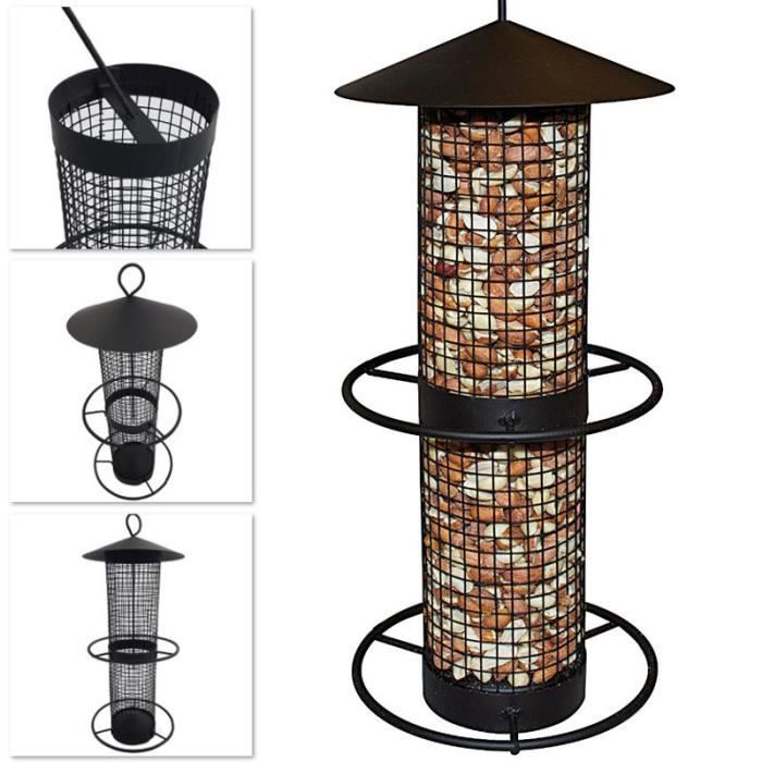Mangeoire pour oiseaux 31 cm à pendre - Grille en métal noir - Distributeur de nourriture idéal pour noix et tournesol
