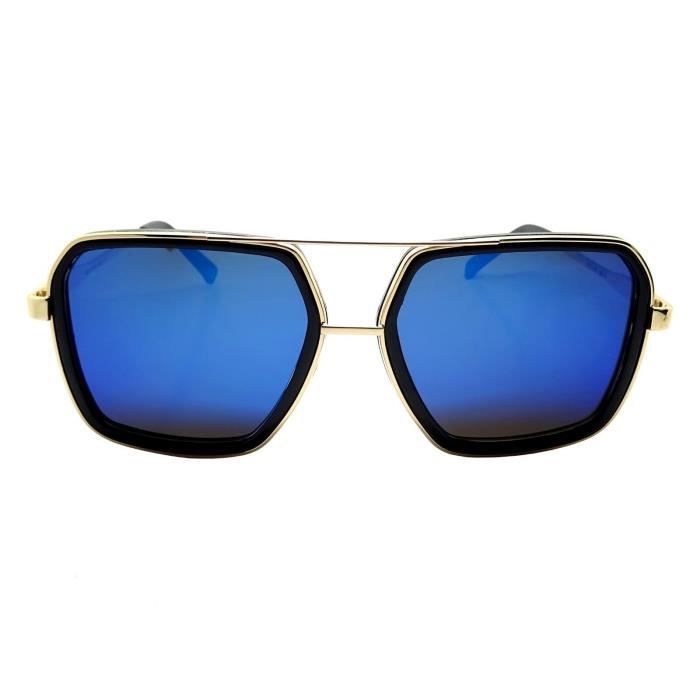 Lunettes Soleil XL BLEU Rectangle Pilote Carrée Gold Doré Or Swag Money Big Bling Sreetwear
