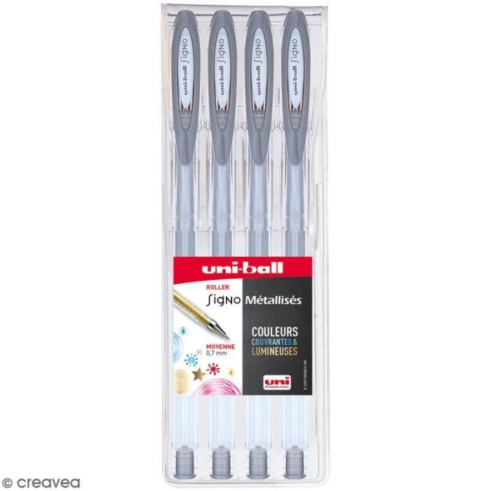 Pochette stylos roller gel Signo Métallisés - Ecriture moyenne 0,7 mm - Argenté - 4 pcs