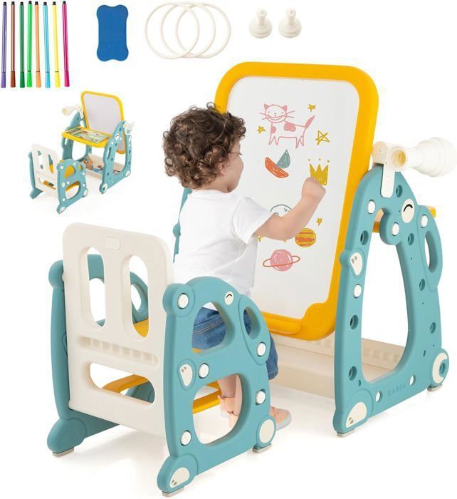 GOPLUS Chevalet Arbre Double Face – Tableau 2 En 1 Avec Rouleau Papier, Rangement Et Chaise – Vert