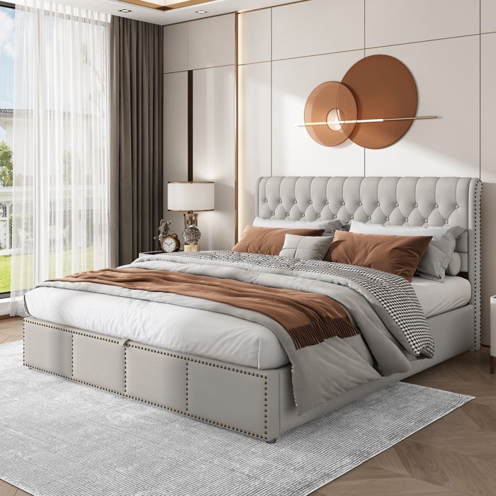 lit rembourré 180x200 cm avec hydraulique, coffres de rangement, décoration cloutée, coton-lin, gris clair