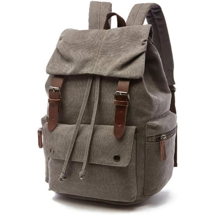 Sac à Dos en Toile Cartable Vintage pour Ordinateur Portable Daypack Randonnée Voyage Grande capacité Sac Unisexe Gris