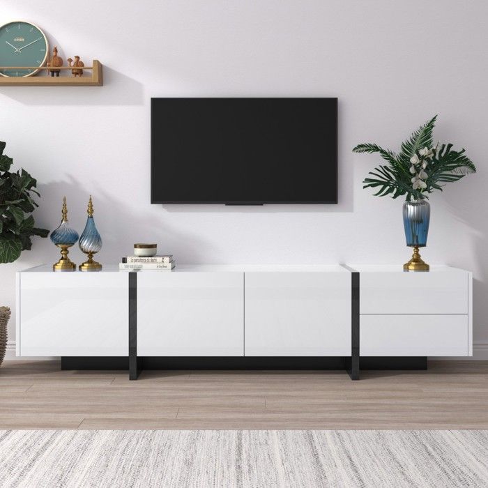 Meuble TV Design Épuré - Pieds Blancs&noirs - Portes & Tiroirs Avec ...