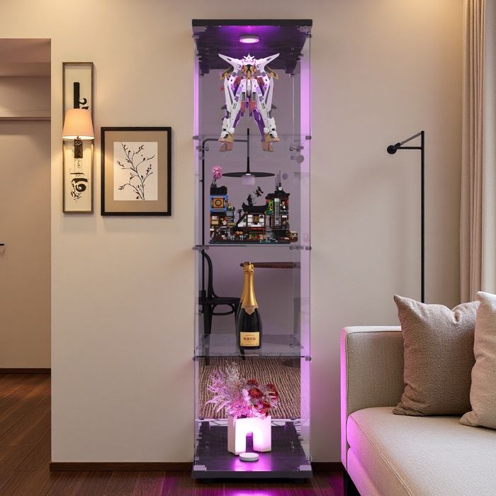 Vitrine en verre - TANANT - Vitrine Armoire LED - Noir - 1 porte 4 étagères - LED intégrée