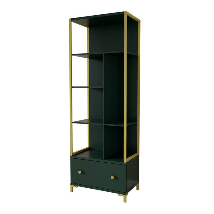 Bibliothèque collection DOUGLAS couleur verte avec nombreux rangements et finitions dorées 70 x 200 x 42 cm Bibliothèque collection DOUGLAS couleur verte avec nombreux rangements et finitions dorées 70 x 200 x 42 cm