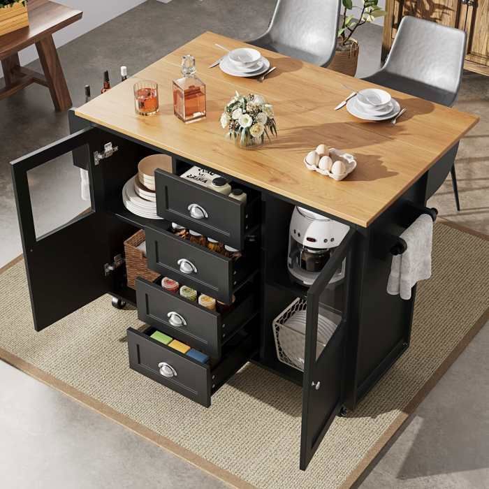 Îlot De Cuisine Avec Plan De Travail Extensible - Tiroir Couverts, étagères Réglables, Roulettes - Rangement Pratique, Design Noir