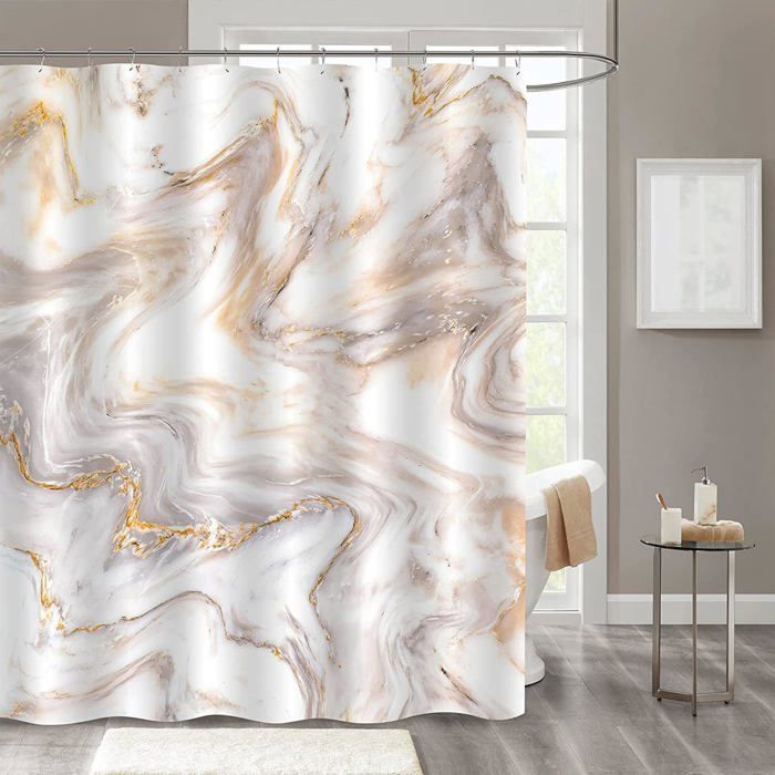 Rideau De Salle De Bain Noir Avec Crochets, Rideau De Douche Impermeable Blanc Geometrique Moderne Lavable En Machine 72 X 72 99219870
