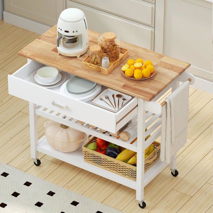 Desserte de Cuisine à 3 Niveaux COSTWAY Plan de Travail en Bois Tiroir 2 Étagères Ouvertes Roues Verrouillables Poignée Blanc Desserte de Cuisine à 3 Niveaux COSTWAY Plan de Travail en Bois Tiroir 2 Étagères Ouvertes Roues Verrouillables Poignée Blanc