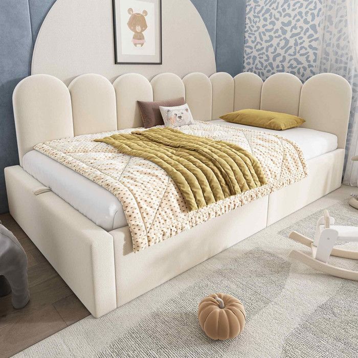 Canapé convertible - AUTREMENT - 90x190 cm - Velours beige - Lit coffre hydraulique - 1 place