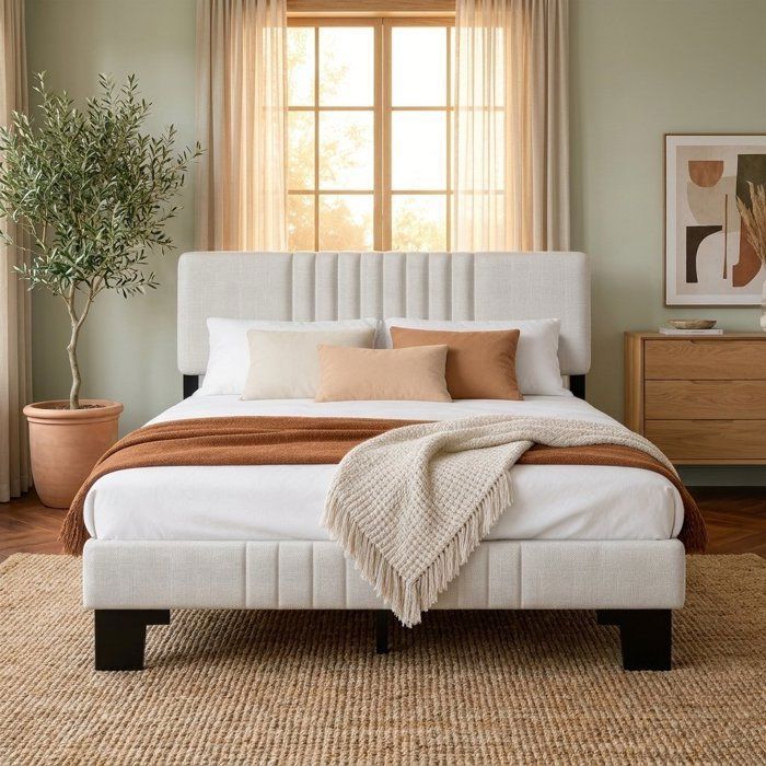 YIDATONG Lit 140x190 Beige Tête de Lit Capitonnée Sommier à Lattes Inclus Structure 350 kg Lit Double