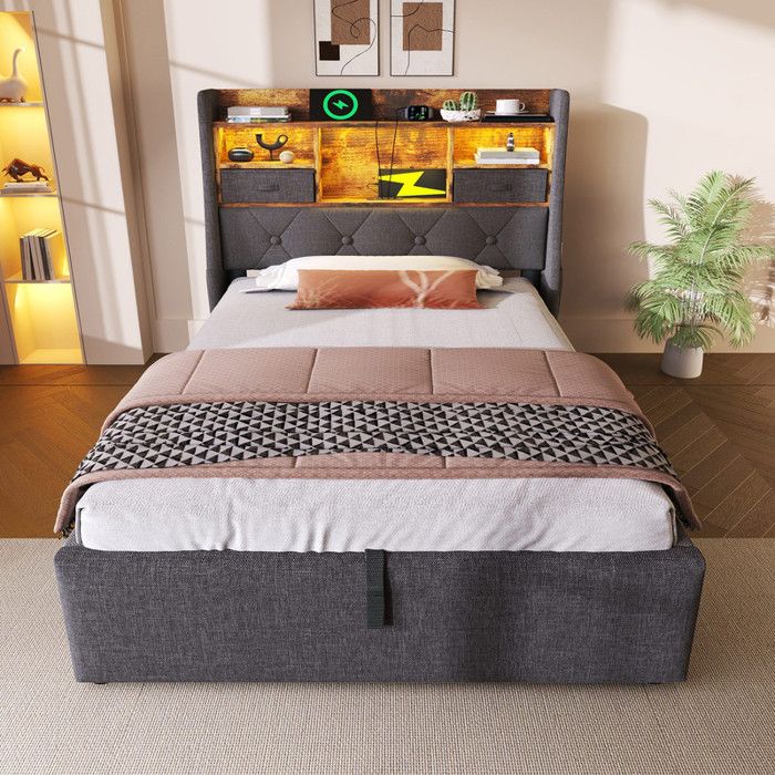 Lit capitonné 90x200cm lit coffre lit adult avec tête de lit LED  USB et Type-C lit simple avec sommier à lattes gris lin