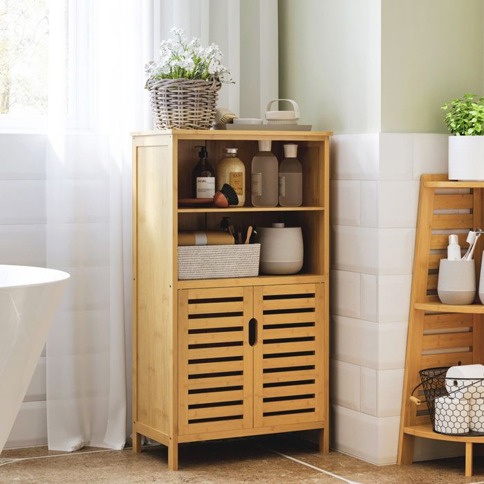 Armoire de salle de bain - POCKETPOP - Bambou - Portes à lattes - Protection anti-basculement