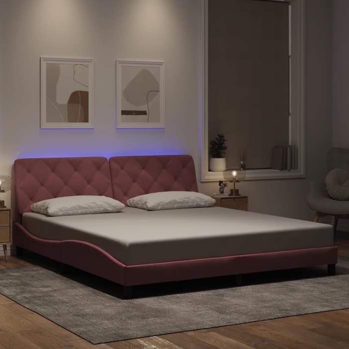 Structure de lit avec LED - UU - Rose - Velours - 180x200 cm - Lumières LED - Coussin de tête de lit - Design ondulé