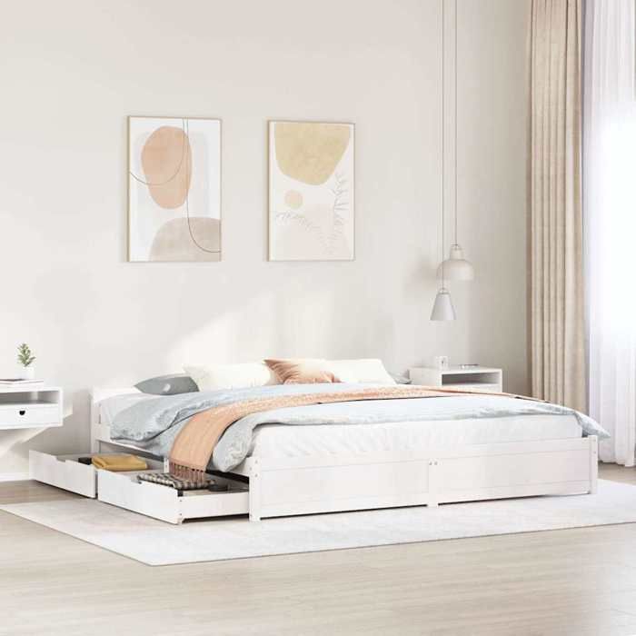 Structure de lit en bois massif - UU - Blanc - 180x200 cm - Bois de pin - Sommier à lattes - Tête de lit - 2 tiroirs