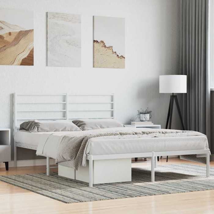 Structure de lit métal - UU - 140x200 cm - Blanc - Acier - Espace de rangement - Tête de lit - Hauteur libre 26 cm