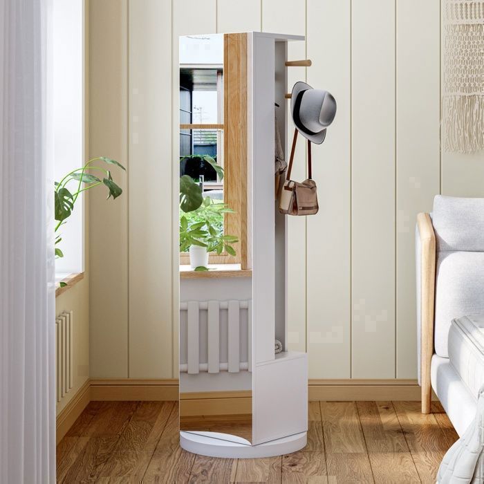 Porte-manteau de sol avec miroir pivotant Armoire à bijoux avec 2 tiroirs et 4 crochets rotative à 360° 160x45 Blanc