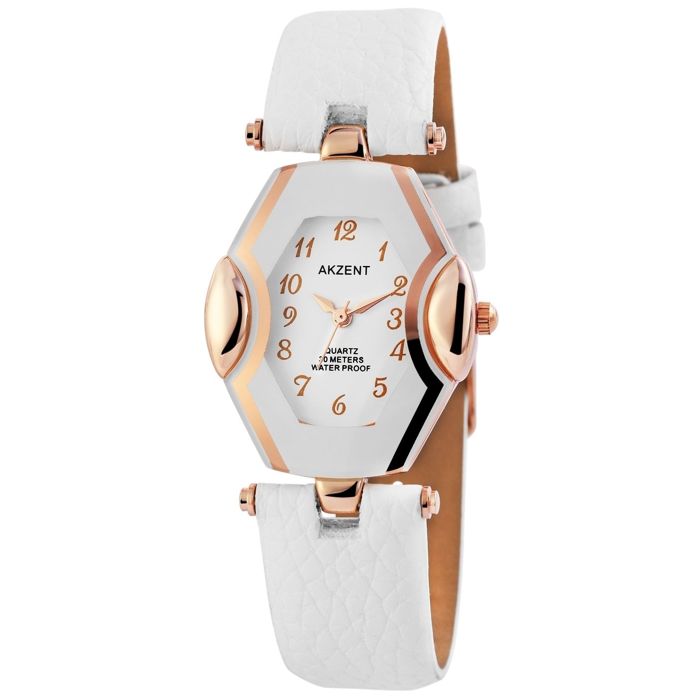 Montre - AKZENT - AK1700 - Boîtier tonneau rosé doré - Cadran blanc - Bracelet simili cuir blanc