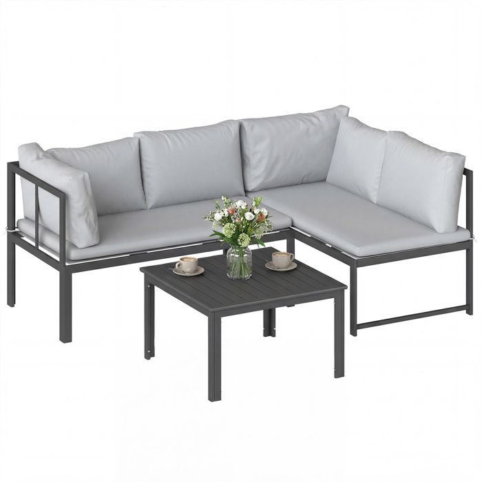 Salon de jardin - mobilier de terrasse - Outsunny - 3 pièces 4 places accoudoir réglable coussins 16cm et table basse - métal - gris