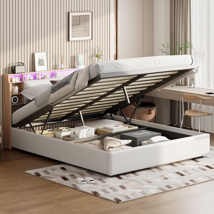 Lit coffre 160x200 cm lit double adulte avec LED tête de lit et sommier à lattes lit capitonné PU blanc