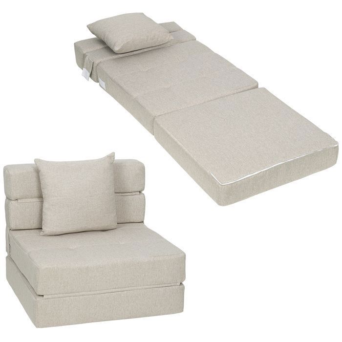 Chauffeuse canapé-lit HOMCOM convertible fauteuil 1 place avec 1 coussin déhoussable tissu beige