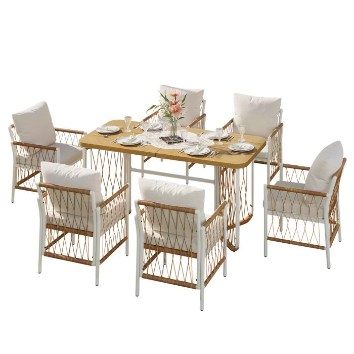 Salon de jardin 7 pièces avec 1 table longue et 6 chaises coussins inclus structure en fer blanc et rotin