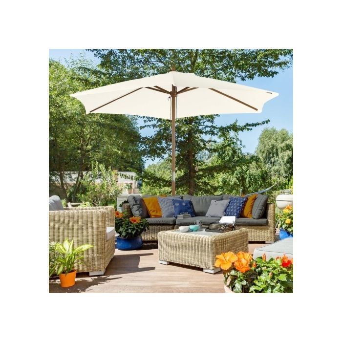 Parasol 25 m protection UV + parasol droit bambou et polyester blanc inclinable 3 positions sans socle
