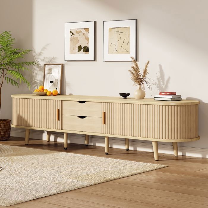 Meuble TV de salon plateau ovale finition bois 2 tiroirs et 2 portes coulissantes couleur noyer clair 60-69 pouces 175 cm