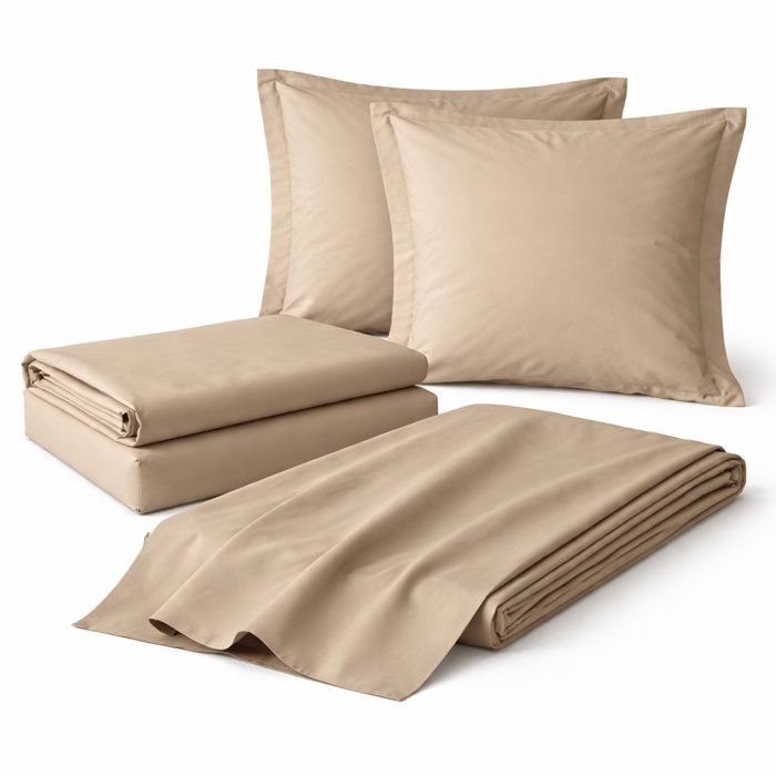 Parure de drap 4 Pièces en coton 57 fils 140 x 190 cm Sable – Drap-Housse Drap Plat et 2 Taies d’Oreiller