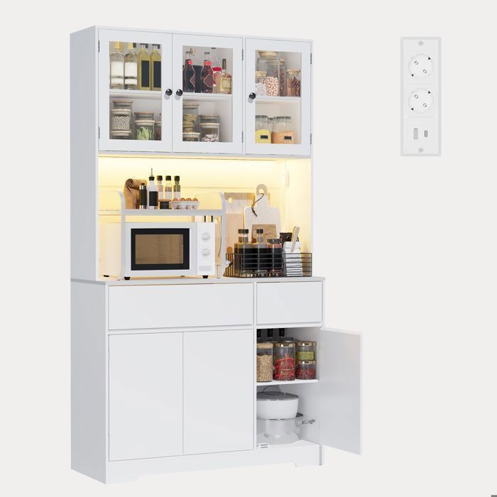Buffet Haut Cuisine - Bealife - 6 Portes - 2 Tiroirs - 1 Niche - Étagère Réglable - LED - Prise USB - Meuble Armoire Rangement Blanc