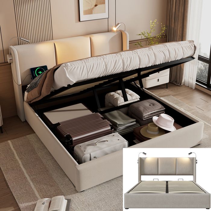 Lit double avec rangement - 180x200 cm - Beige - Lin - Lampe de lecture LED - Charge USB intégrée - Coffre hydraulique