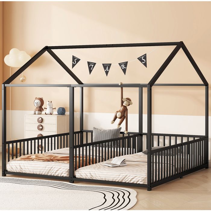 Lit cabane enfant Double 90×200 cm 2 couchages avec barrières - YEAVIO - sans matelas métal - noir