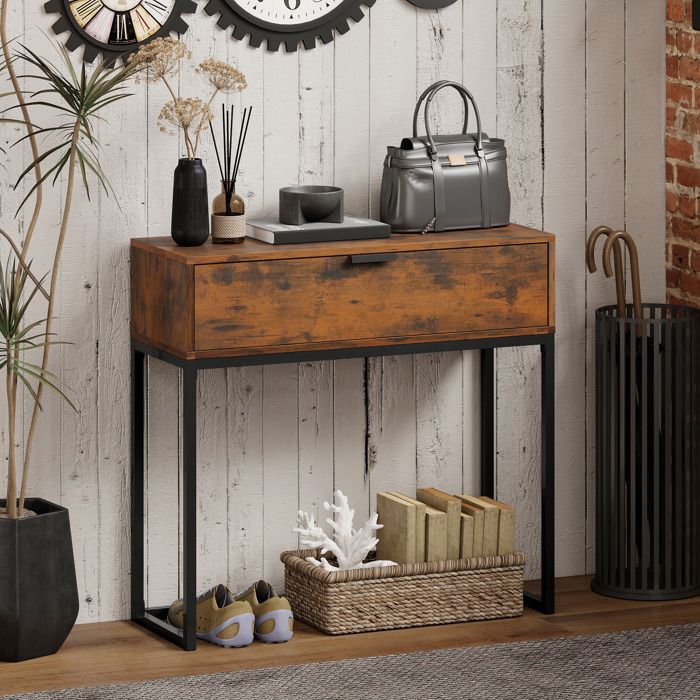 Console d’entrée - 80 x 30 x 76 cm - 1 tiroir - Style industriel - Aspect bois noir