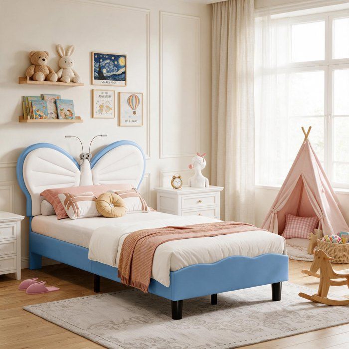 Lit enfant 90x190 cm lit simple rembourré tête de lit réglable sommier à lattes velours pour filles et adolescentes Blanc Bleu