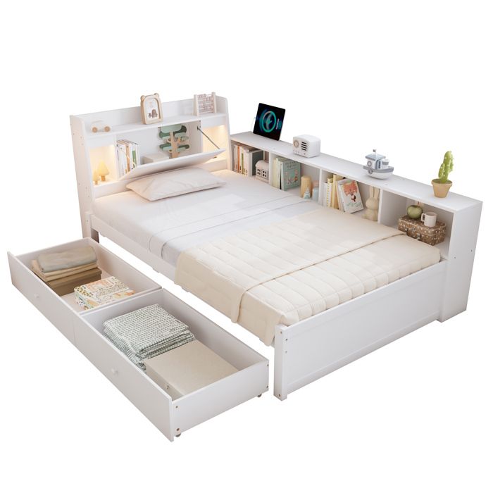 Lit simple 90x200 cm Blanc - tête de lit de rangement 2 lampes prise de recharge tiroirs et rangements latéraux