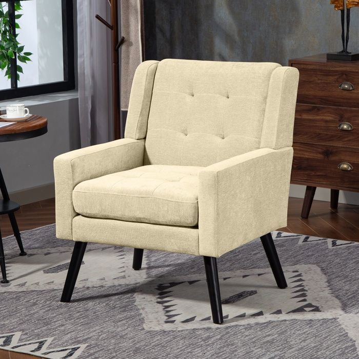Fauteuil rembourré - Capitonnage en daim - Coussins en mousse haute densité - Pieds en bois massif