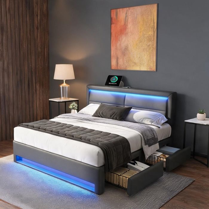 Lit capitonné 140x190 cm en simili cuir gris port USB sans fil/filaire éclairage LED et 4 tiroirs