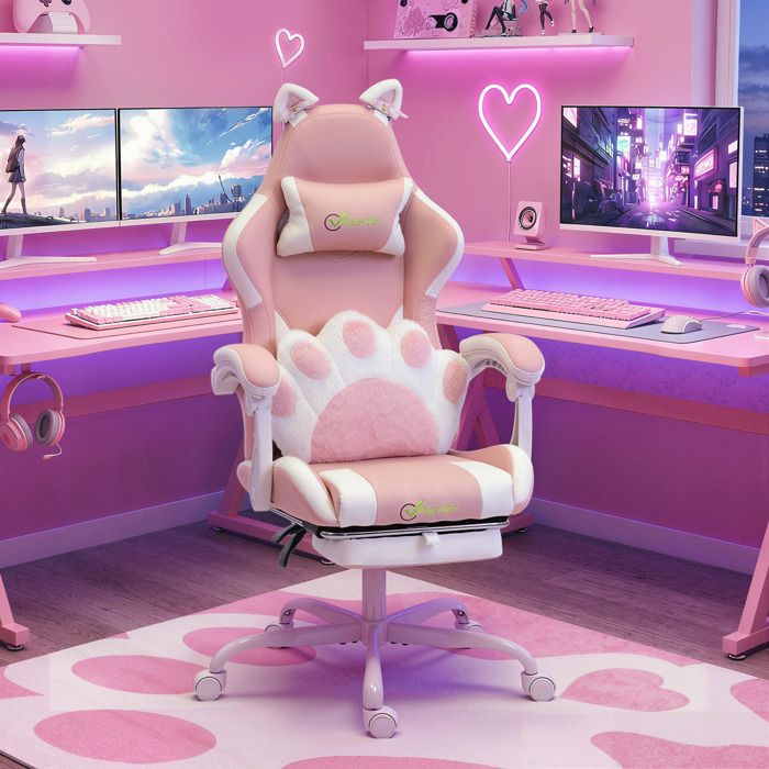 Chaise gaming ergonomique rose avec oreilles de chat cuir synthétique soutien lombaire repose-pieds et appui-tête