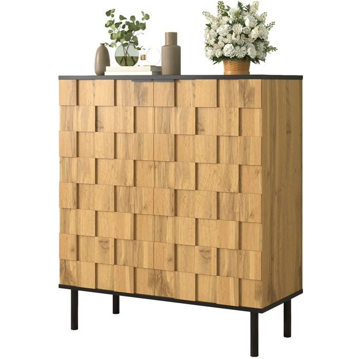 HOMVRA Meuble à chaussures 2 portes 80 x 35 x 91 5 cm design mosaïque étagères réglables aspect bois naturel